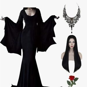 New! Elegant Black Gothic Elvira Dress with Necklace and Wig, Size XXL